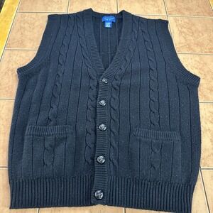 Vintage Towncraft Grandpa Cardigan Sweater Vest Black Cable Knit Sz Large Button
